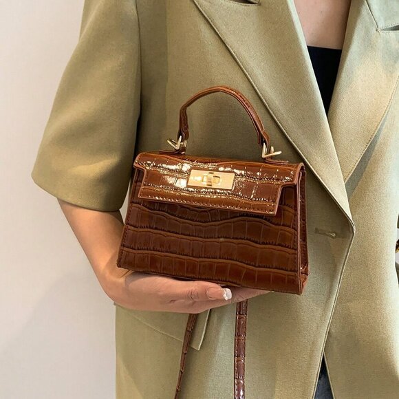 Coffee Brown Elegant Women's Crocodile Embossed Mini Square Bag - Picture 5 of 7